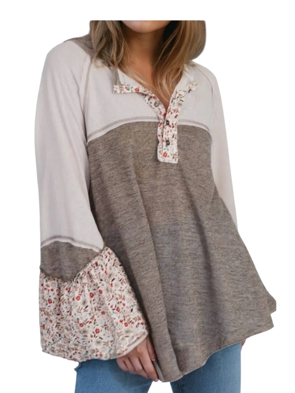POL Boho Floral Bell Sleeve Mixed Media Tunic Sz M